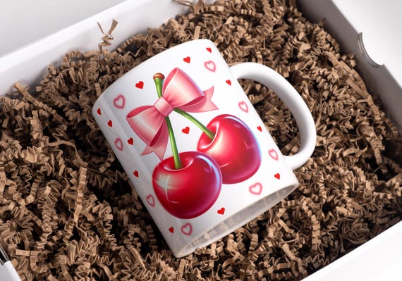 Cherry Mug Wrap: Pink Bow Coquette Sublimation Design (Digital Download, 11oz & 15oz PNGs)