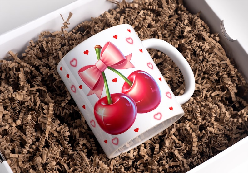 Cherry Mug Wrap 11Oz & 15Oz Mug Wrap Pink Bow Cherry Wrap Sublimation Designs Digital Download Cherry Coquette  3D Mug Wrap Heart Mug Wrap