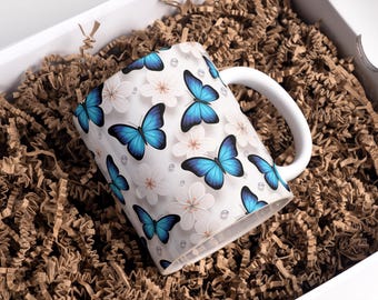 Tazza con motivo floreale a farfalla blu: design a sublimazione da 11 oz e 15 oz (download digitale)