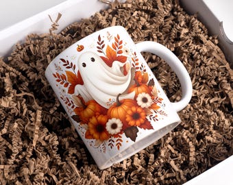 Envoltura para taza de Halloween: Diseño de sublimación de taza de café con fantasma de calabaza (descarga digital)