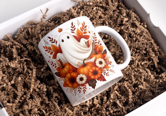 Halloween Mug Wrap: Pumpkin Ghost Coffee Mug Sublimation Design (Digital Download)