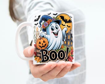 Tazza da caffè con motivo fantasma di Halloween: design a sublimazione da 11 oz e 15 oz (download digitale)