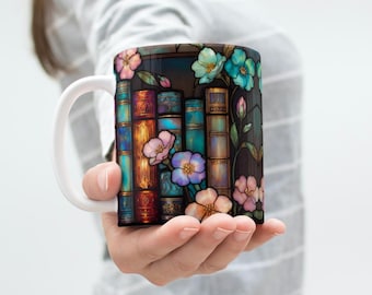 Stained Glass Mug Wrap 11 Oz 15 Oz Mug Wrap Floral Bookshelf Mug Wrap Coffee Mug Png Book Lover Mug Sublimation Designs Digital Download