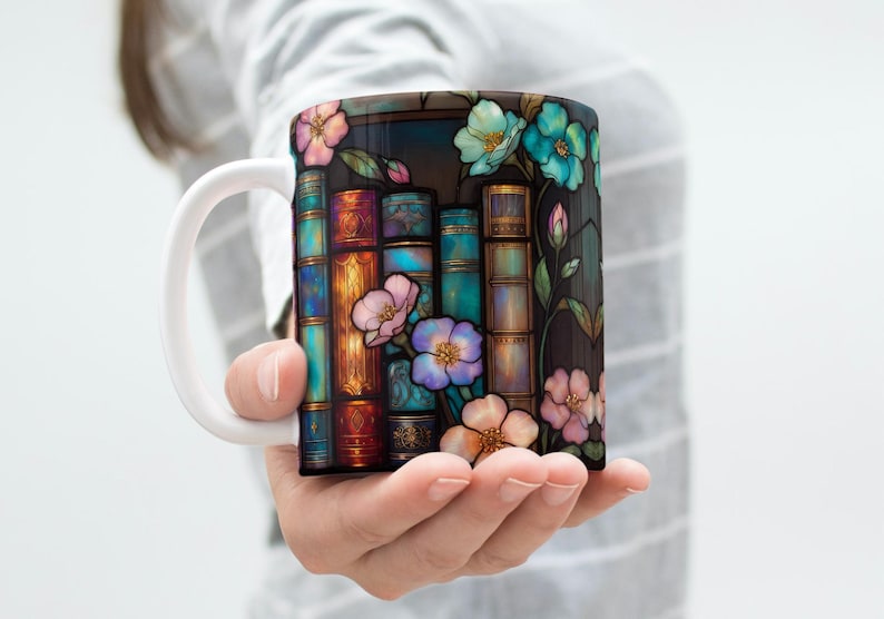 Stained Glass Mug Wrap 11 Oz 15 Oz Mug Wrap Floral Bookshelf Mug Wrap Coffee Mug Png Book Lover Mug Sublimation Designs Digital Download