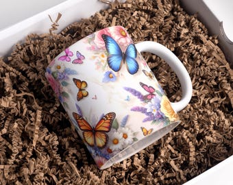 Butterfly Floral Mug Wrap PNG: Sublimation Designs (Digital Download)