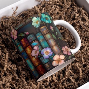 Stained Glass Mug Wrap 11 Oz 15 Oz Mug Wrap Floral Bookshelf Mug Wrap Coffee Mug Png Book Lover Mug Sublimation Designs Digital Download