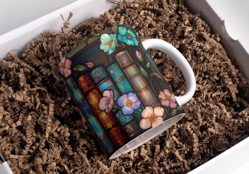 Stained Glass Mug Wrap 11 Oz 15 Oz Mug Wrap Floral Bookshelf Mug Wrap Coffee Mug Png Book Lover Mug Sublimation Designs Digital Download