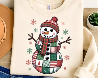 Patchwork Snowman Christmas PNG, Retro T-Shirt Design (Digital Download)