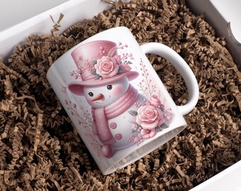 Pink Snowman Mug Wrap: Christmas Coffee Mug Sublimation Design (Digital Download)