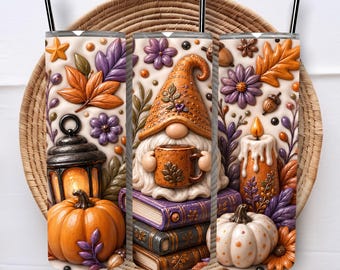 Inflated Fall Gnome Tumbler Wrap 20 Oz Tumbler Wrap Pumpkin Tumbler Wrap Books Tumbler Wrap Sublimation Designs Digital Download