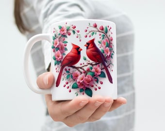 Red Cardinal Floral Mug Wrap Design (Digital Download)