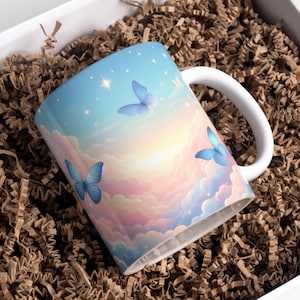 Butterfly Mug Wrap 11 oz & 15 oz Butterfly Coffee Mug Pastel Cloud Mug Wrap Sublimation Designs Digital Download