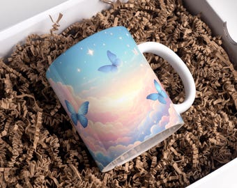 Butterfly Mug Wrap: Pastel Cloud Coffee Mug Sublimation Design (Digital Download)