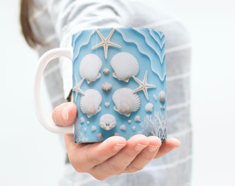 3D Seashell Mug Wrap: Beach Coffee Mug Sublimation Design (Digital Download)