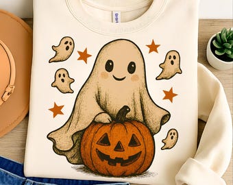 Trendy Halloween Ghost PNG: Retro Pumpkin T-Shirt Design (Digital Download
