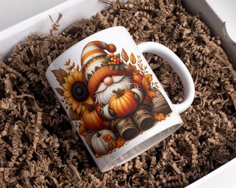 Fall Gnome Mug Wrap, Pumpkin Sunflower 3D Design (Digital Download)