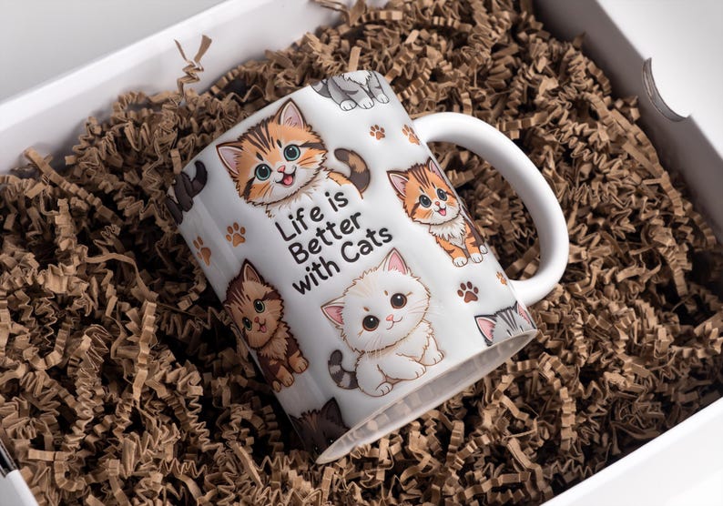 Life Is Better With Cats Inflated Cat Mug Wrap 11 Oz & 15 Oz Mug Wrap Coffee Mug Png 3D Mug Wrap Sublimation Designs Digital Download