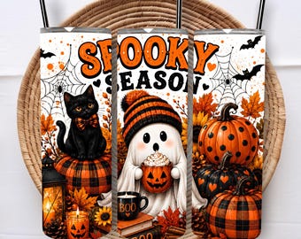 Halloween Ghost Tumbler Wrap PNG Black Cat Spider Web Spooky Season Fall Pumpkin Spider Web Sublimation Designs Digital Download