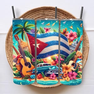 May include: Three stainless steel tumblers with a Cuban theme. Each tumbler features a vibrant design with the Cuban flag, guitars, classic car, flowers, and palm trees against a turquoise background. Black straws are included.