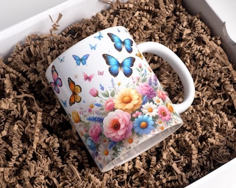 Butterfly Floral Mug Wrap Sublimation Design: 11oz & 15oz (Digital Download)