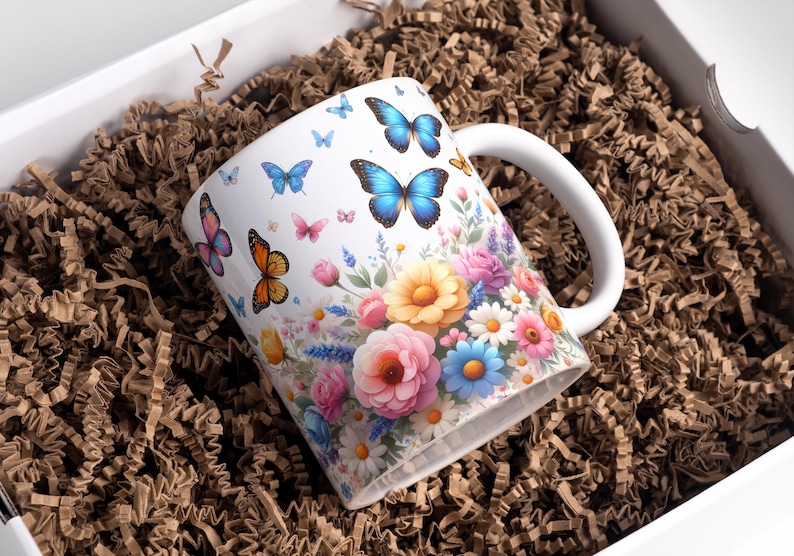 Butterfly Mug Wrap Sublimation Designs 11oz & 15oz Coffee Mug PNG Marble Mug Wrap Flower Mug Wrap Floral Mug Wrap Digital Download