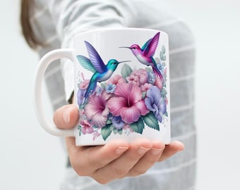 Hummingbird Floral Mug Wrap, 11oz & 15oz (Digital Download)