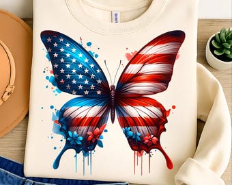 Bandera estadounidense con mariposa PNG: Diseño de camiseta del 4 de julio (descarga digital)