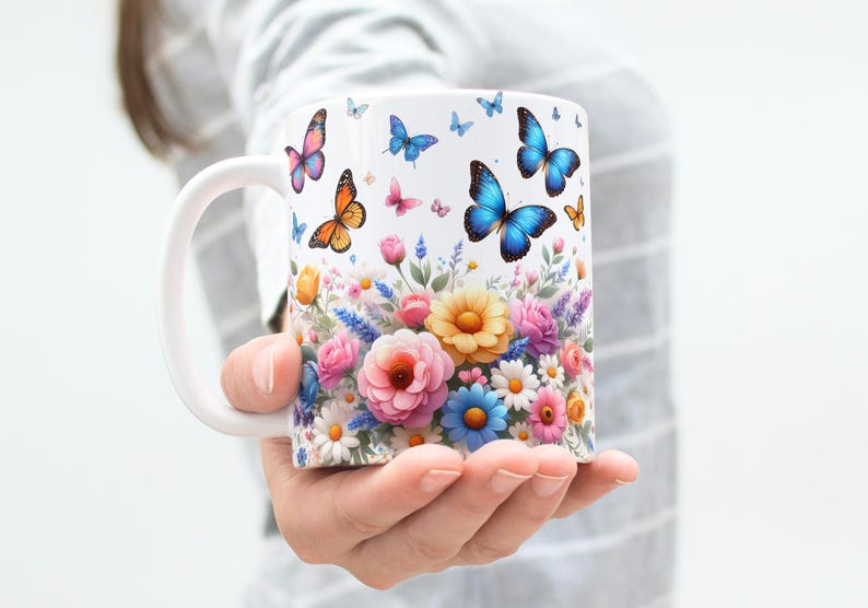 Butterfly Mug Wrap Sublimation Designs 11oz & 15oz Coffee Mug PNG Marble Mug Wrap Flower Mug Wrap Floral Mug Wrap Digital Download
