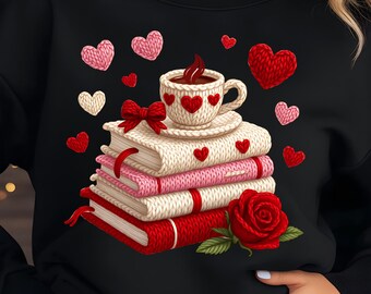 Crochet Books and Coffee Png T-Shirt Design Faux yarn Books And Coffee Png Coquette Png Sublimation Designs Digital Download
