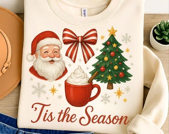 Diseño de camiseta "Tis The Season": Papá Noel coqueto y árbol de Navidad (descarga digital)