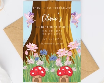 Faire-part de fée du jardin enchanté – Modèle de fête imprimable DIY, modèle de fée de jardin modifiable, faire-part de fête de fée magique