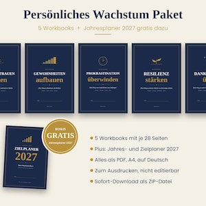 Könnte beinhalten: Ein Set aus fünf dunkelblauen Arbeitsheften mit dem Titel Persönliches Wachstum Paket, goldenen Symbolen und Text, inklusive eines Bonus-Jahresplaners 2027. Enthält deutsche Texte, 28 Seiten pro Heft und A4-PDF-Format.
