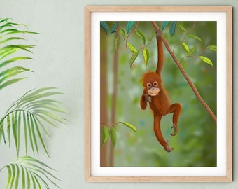 Orangutan wall art, orangutan nursery decor, monkey baby shower, jungle nursery decor, kids room, jungle theme baby shower, jungle animal