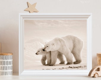 Nursery Decor / Polar Bear / Polar Bear Cub / Baby Nursery / Baby Animal Print / Animal Nursery Art / Childrens Room Decor / Sepia / Bear