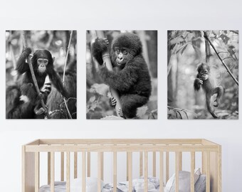 Monkey Nursery Print Set, Baby Animal Nursery Art, Neutral Nursery, Jungle Nursery Decor, Jungle Animals Wall Art, Orangutan Print, Gorilla