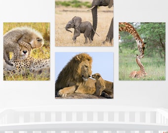 Safari Animals Wall Art, Safari Nursery Prints, Set of 4,  Lion Print, Baby Cheetah, Elephant Print, Giraffe Art, Nursery Wall Art, Kid Room