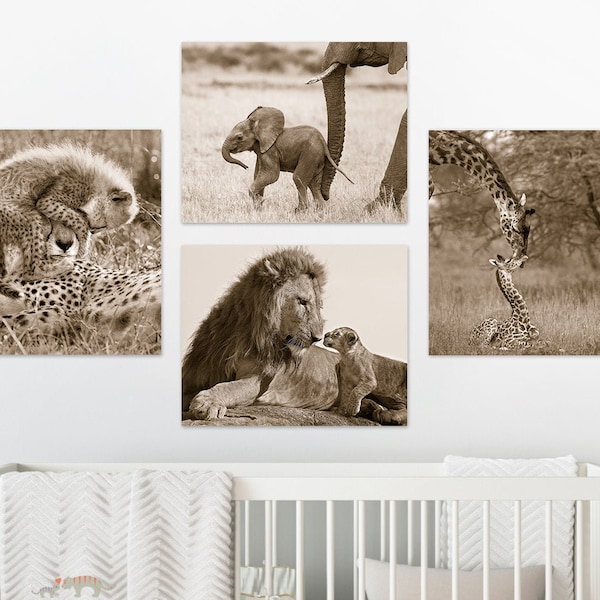 Baby Safari Animal Prints, Set of 4, Safari Nursery Wall Art, Safari Animal Nursery, Lion, Elephant, Giraffe, Safari Nursery Decor, Wildlife