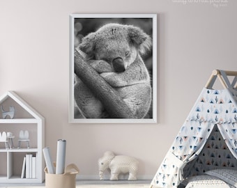 Koala Nursery Print: Black and White Baby Animal Art