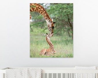 Lámina infantil de jirafa: Madre y bebé, decoración de animales de safari