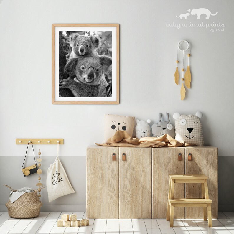 May include: Black and white photograph of two koalas in a tree. The photo is framed and hanging on a light gray wall. The wall also has a dream catcher and a wooden shelf with stuffed animals and a wooden stool.