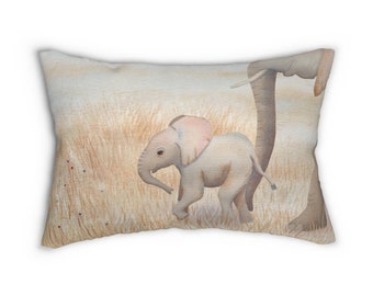 Peut inclure: Une illustration aquarelle de deux éléphants dans un champ herbeux. Le plus grand éléphant s'éloigne du spectateur, tandis que le plus petit éléphant marche vers le spectateur. Le plus petit éléphant a une oreille rose.