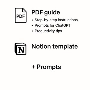 K&ouml;nnte beinhalten: Eine Grafik, die den Inhalt eines digitalen Produkts zeigt. Die Grafik enth&auml;lt ein PDF-Symbol, ein Notion-Symbol und den Text "Included", "PDF guide", "Notion template", "+ Prompts" und "tupathdigital".
