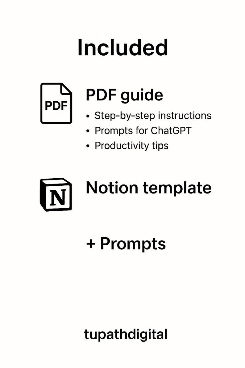 K&ouml;nnte beinhalten: Eine Grafik, die den Inhalt eines digitalen Produkts zeigt. Die Grafik enth&auml;lt ein PDF-Symbol, ein Notion-Symbol und den Text "Included", "PDF guide", "Notion template", "+ Prompts" und "tupathdigital".
