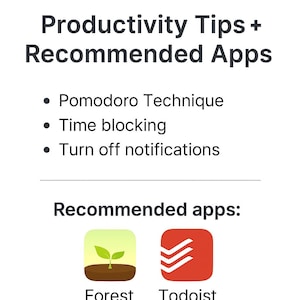 K&ouml;nnte beinhalten: Eine Grafik mit dem Text "BONUS" in einem braunen Rechteck. Der Text "Productivity Tips + Recommended Apps" ist in Schwarz. Unter dem Text stehen drei Aufz&auml;hlungszeichen: "Pomodoro Technique", "Time blocking" und "Turn off notifications". Darunter steht der Text "Recommended apps:" mit zwei App-Symbolen: eine gr&uuml;ne Pflanze, die aus dem Boden w&auml;chst und mit "Forest" beschriftet ist, und ein rotes Symbol mit drei wei&szlig;en H&auml;kchen, das mit "Todoist" beschriftet ist. Die Grafik endet mit dem Text "@tupathdigital".