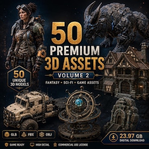 Puede incluir: Una colección digital de 50 activos 3D premium, volumen 2, con modelos de fantasía y ciencia ficción. Incluye un personaje, una criatura de piedra, una casa medieval, un camión militar y una esfera armilar en formatos GLB, FBX y OBJ.