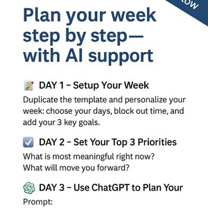 K&ouml;nnte beinhalten: Eine blaue und wei&szlig;e Grafik mit dem Text "Guided AI Weekly Workflow" und "Plan your week step by step - with AI support". Die Grafik skizziert einen dreit&auml;gigen Plan, um Ihre Woche zu planen, Ihre drei wichtigsten Priorit&auml;ten festzulegen und ChatGPT zu verwenden, um Ihre Woche zu planen.