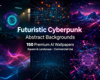 May include: A composite image showcasing futuristic cyberpunk abstract backgrounds. The image features a variety of digital art scenes with neon colors, including a circular design, cityscapes, and abstract lines. Text reads "Futuristic Cyberpunk Abstract Backgrounds" and "150 Premium AI Wallpapers".
