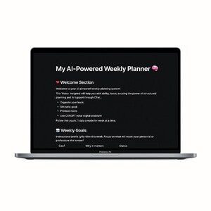 K&ouml;nnte beinhalten: Ein Laptop-Bildschirm zeigt eine Wochenplaner-App mit dem Titel "My AI-Powered Weekly Planner". Die App verf&uuml;gt &uuml;ber einen Willkommens-Bereich mit Anweisungen zur Verwendung des Planers und einen Bereich f&uuml;r w&ouml;chentliche Ziele mit &Uuml;berschriften f&uuml;r "Ziel", "Warum es wichtig ist" und "Status".