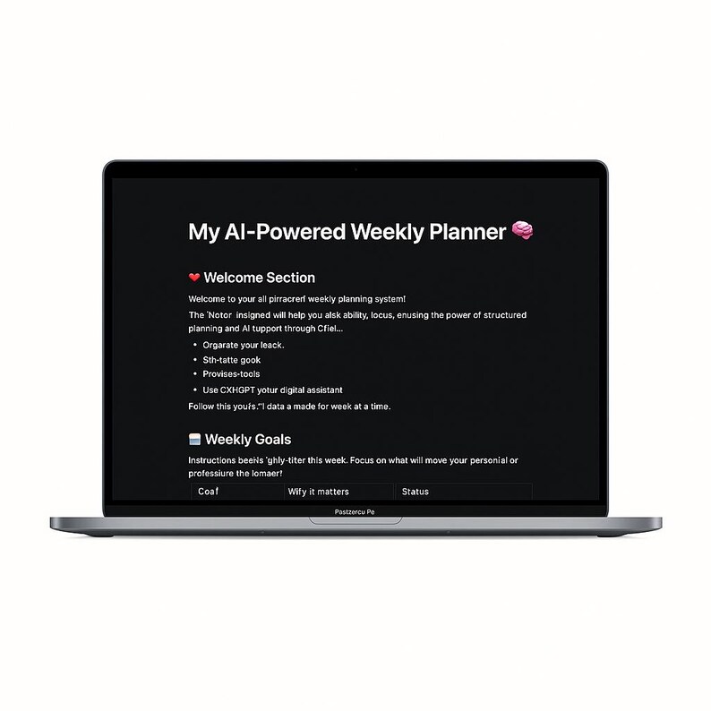 K&ouml;nnte beinhalten: Ein Laptop-Bildschirm zeigt eine Wochenplaner-App mit dem Titel "My AI-Powered Weekly Planner". Die App verf&uuml;gt &uuml;ber einen Willkommens-Bereich mit Anweisungen zur Verwendung des Planers und einen Bereich f&uuml;r w&ouml;chentliche Ziele mit &Uuml;berschriften f&uuml;r "Ziel", "Warum es wichtig ist" und "Status".