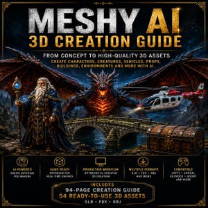 Puede incluir: Una guía digital titulada Meshy AI 3D Creation Guide que muestra un mago, un dragón, un helicóptero de rescate y un cofre del tesoro. El texto destaca la creación mediante IA, activos listos para juegos y una guía de 94 páginas.